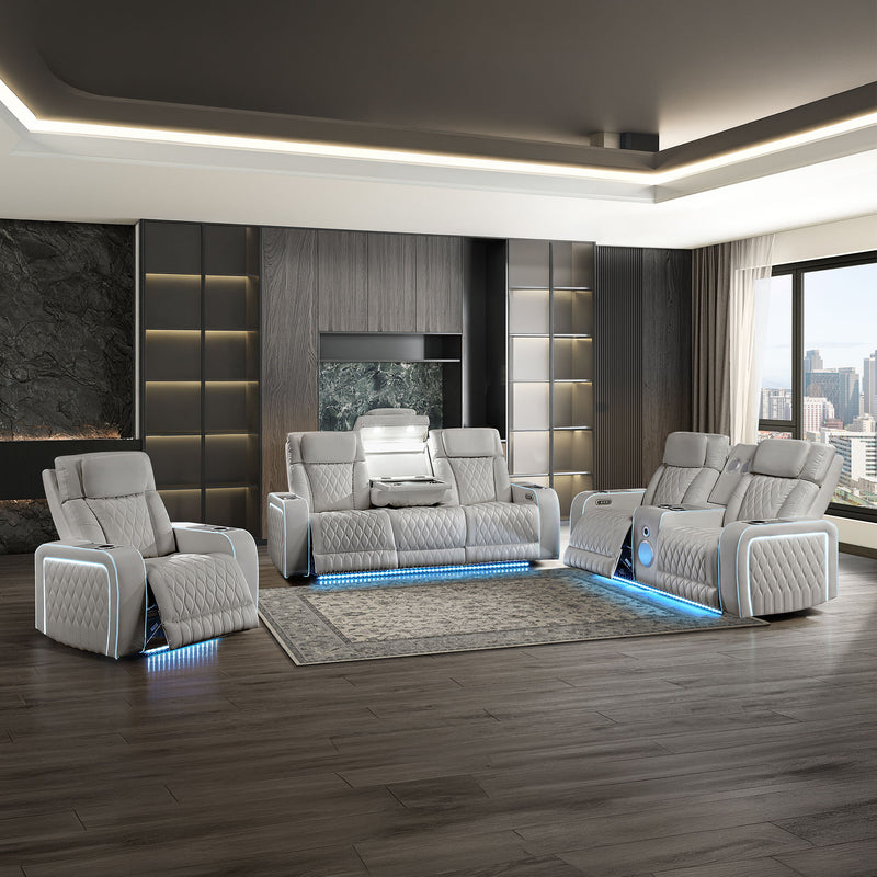 Electra - 3 Piece Power Reclining Sofa, Loveseat And Recliner Set With Power Headrests, Massage And LED Lighting