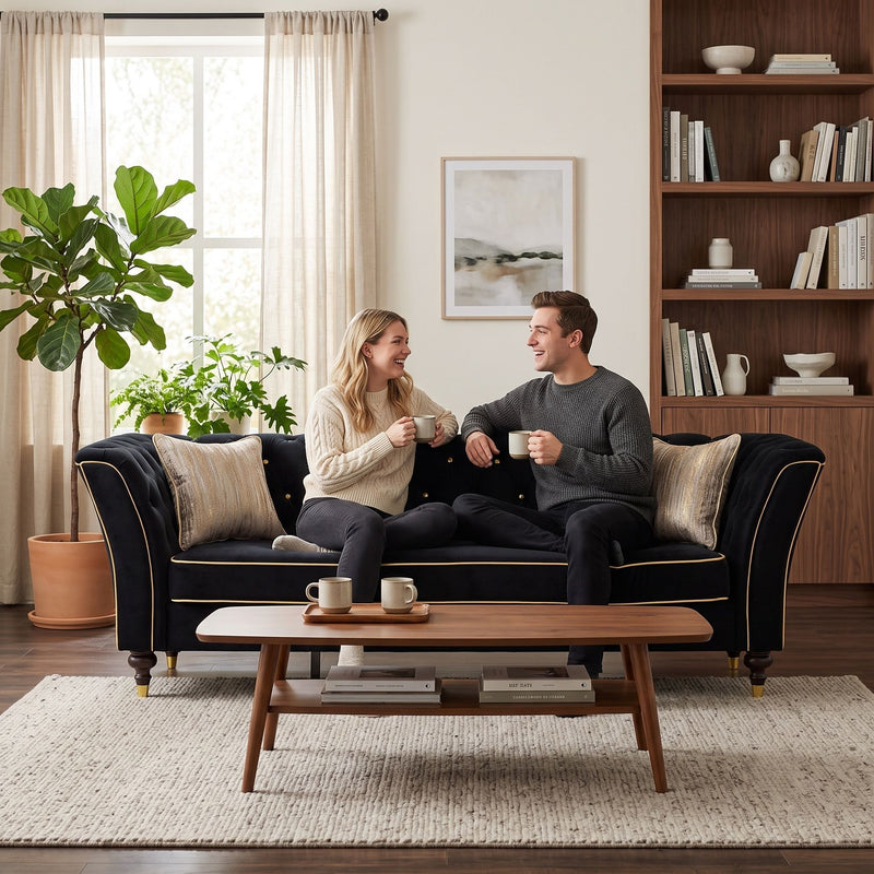 3 Person Sofa With Deep Seat, Tufted Backrest