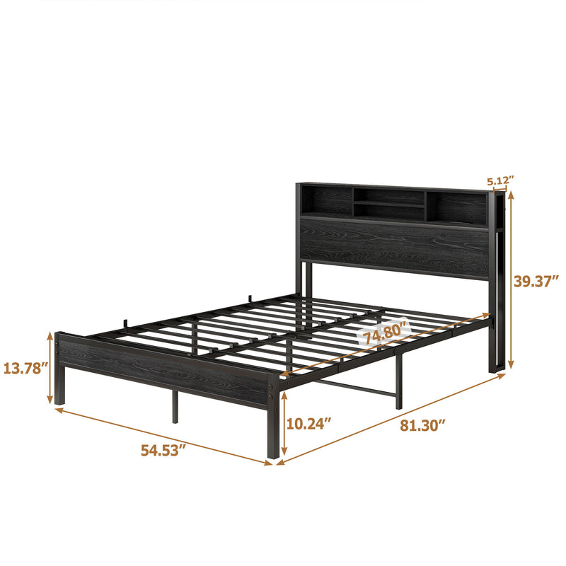 Modern Metal Platform Bed Frame With Storage Headboard And Charging Station