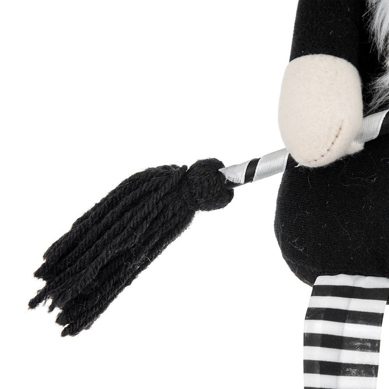 Sitting Gnome With Broomstick & Long Legs, For Halloween Decor - Black White