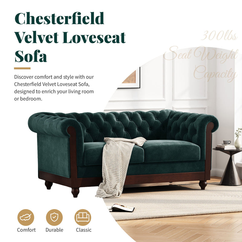 Chesterfield Velvet Loveseat Sofa, 2 Person Rolled Arm Upholstered Couch