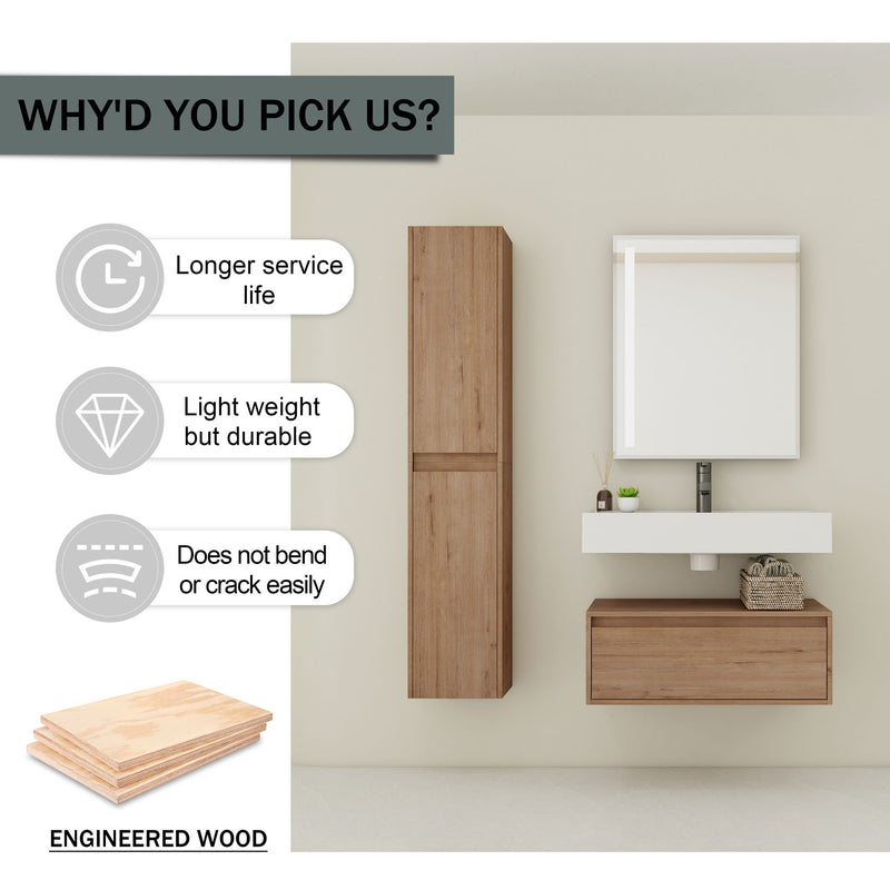 Modern Wall Mounted 30 Inch Bathroom Vanity With Resin Sink And 2 Side Cabinet In Imitative - Imitative Oak