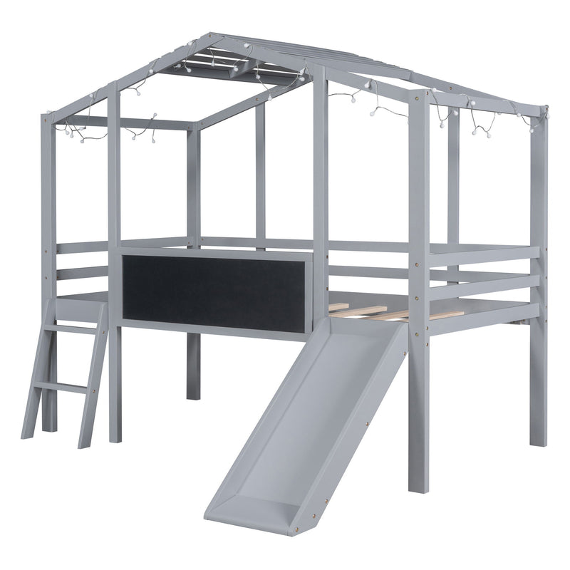 Loft House Bed With Ladder And Slide, With Blackboard And Light Strip On The Roof