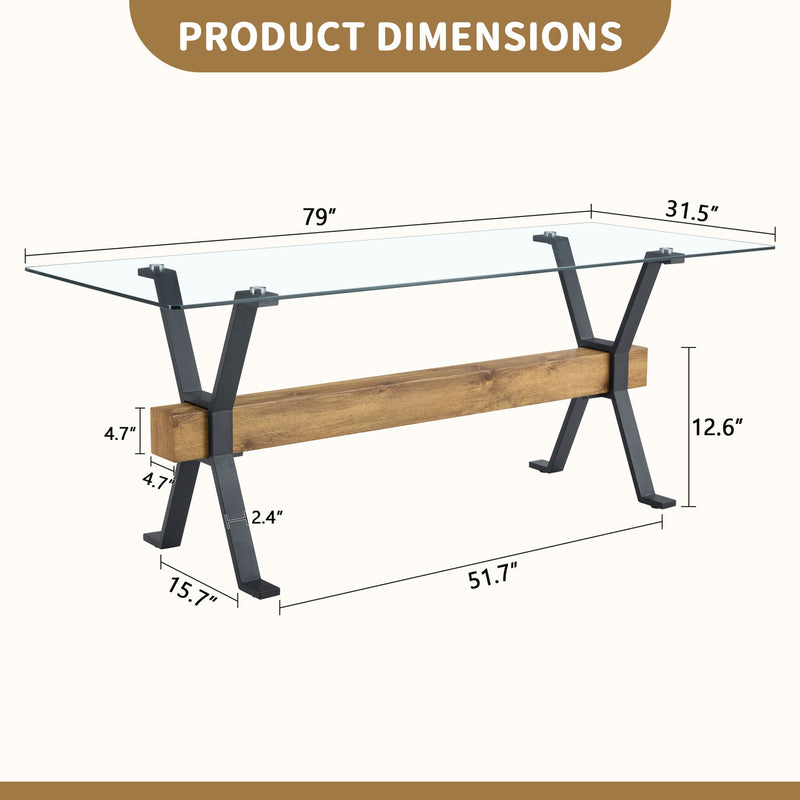 Elegant Tempered Glass Dining Table With X Shaped Metal Legs And Wood Grain Crossbeam - Black / Transparent