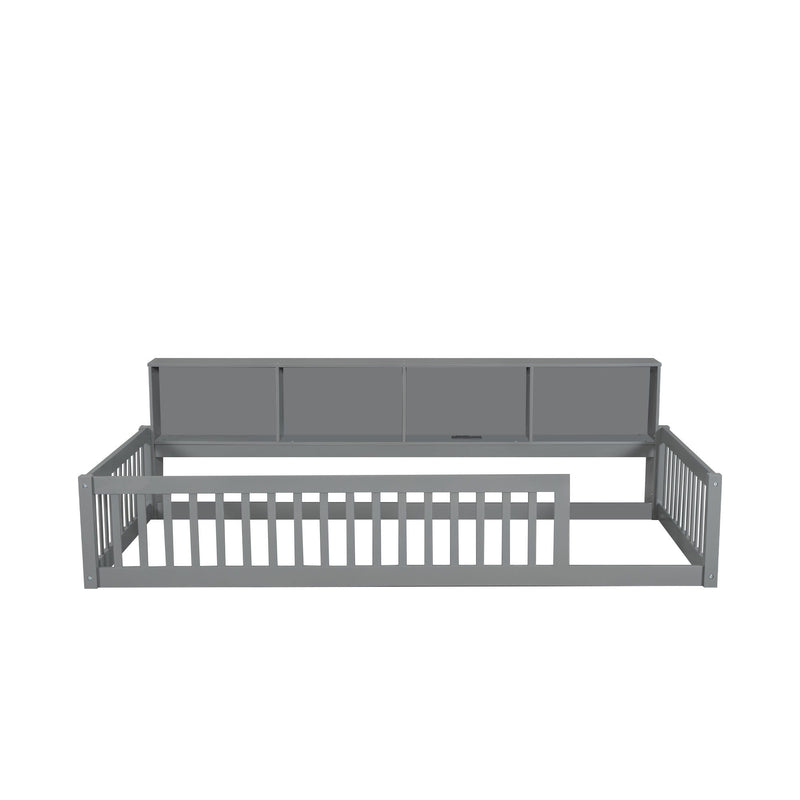 Twin Long Floor Bed With Storage Cabinets And USB Ports - Gray