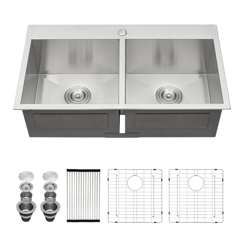Double Bowl Drop In Sink, Stainless Steel With 50 / 50 Basins 18 Gauge - Brushed Nickel