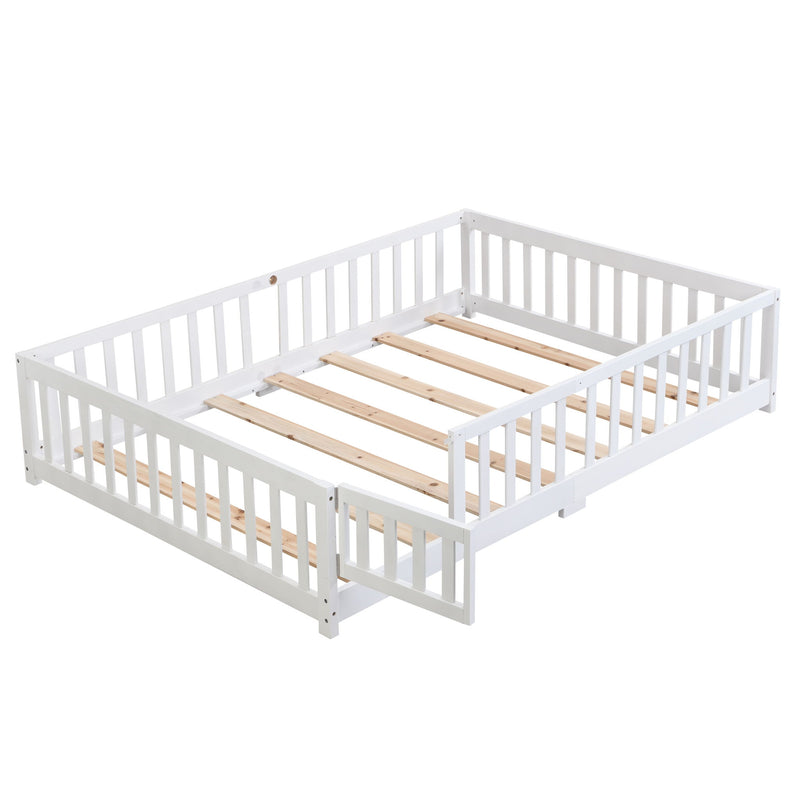 Solid Wood Floor Bed With Door And Fence For Children
