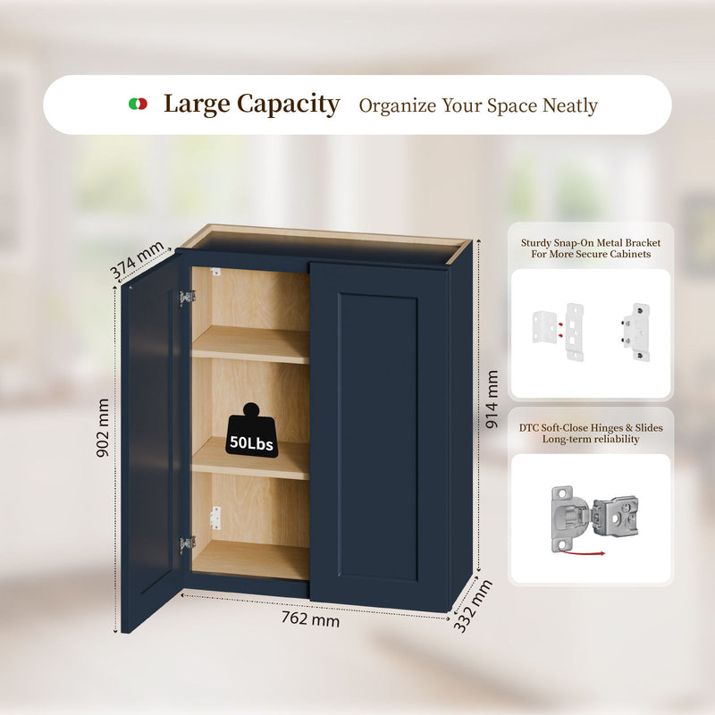 Shaker Wall Cabinet With Soft Close Hinges, Adjustable Shelves, Double Door