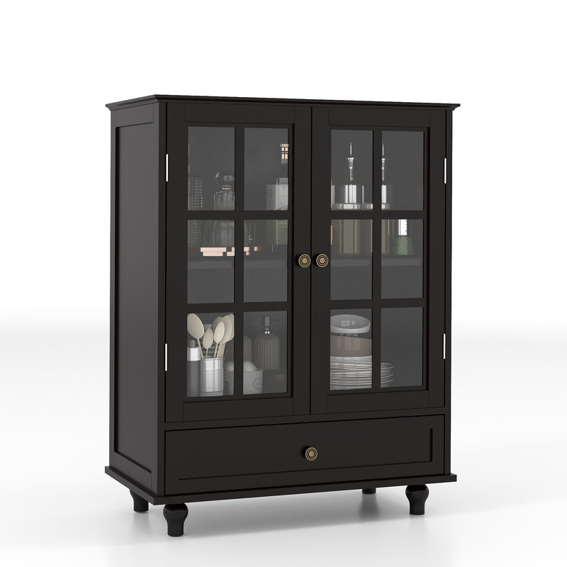 Minimalist Buffet Cabinet With Double Glass Doors And Drawer