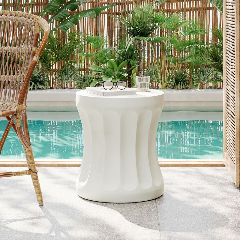Outdoor Round Concrete Antique White Side Table, Living Room End Table - Antique White