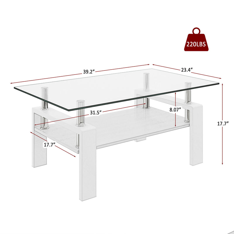 Modern Rectangular Coffee Table With Tempered Transparent Glass Top And Storage Shelf