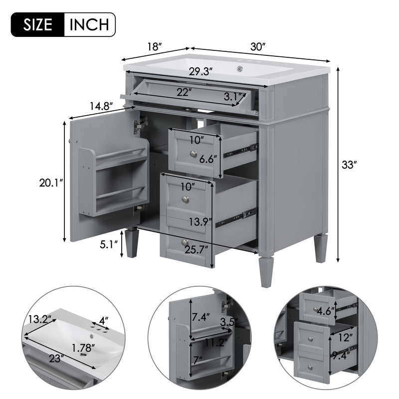 Bathroom Vanity With Top Sink, 2 Doors And 3 Drawers, Freestanding Set With Mirror Cabinet