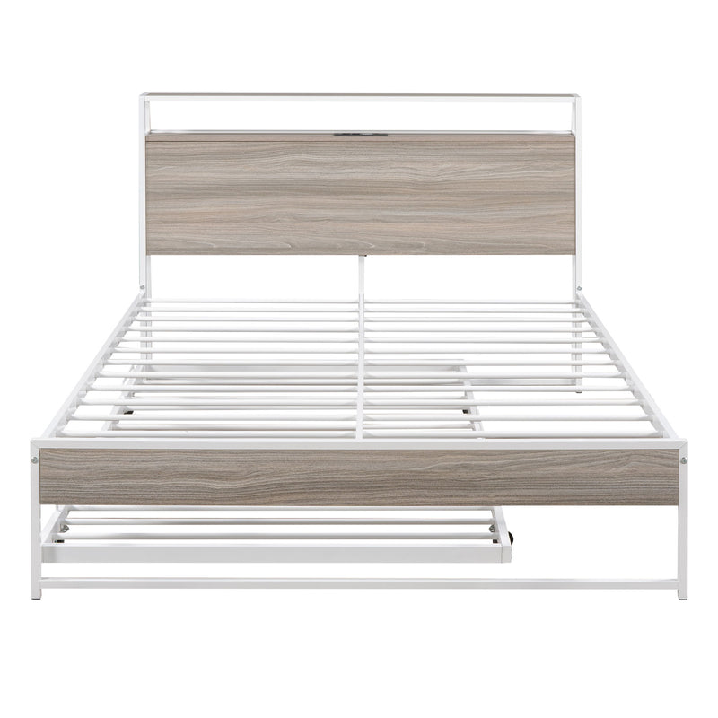Platform Bed Frame With Trundle, USB Ports And Slat Support, No Box Spring Needed