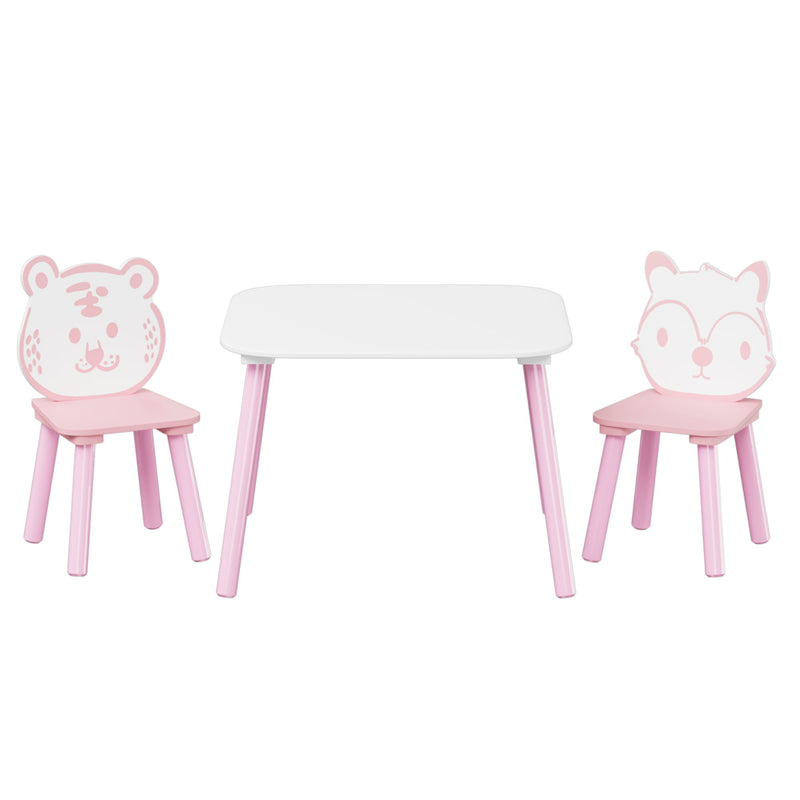 Table And Chair Set, 3 Piece Wooden Toddler Desk With Animal Backrest - Pink / White