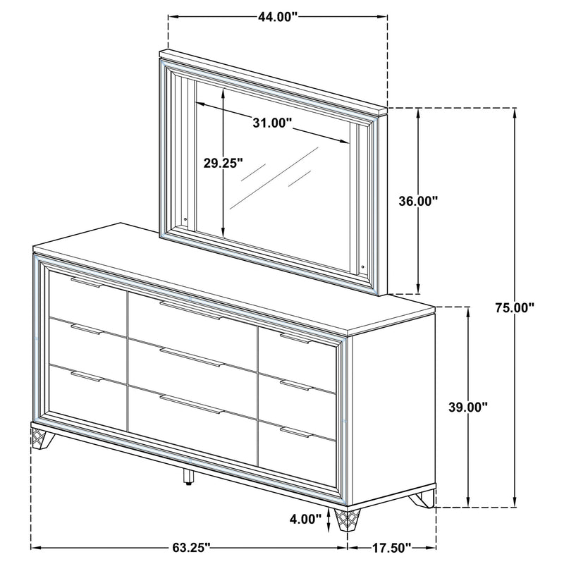9 Drawer Dresser With LED Mirror, Touch Activated Lighting - White