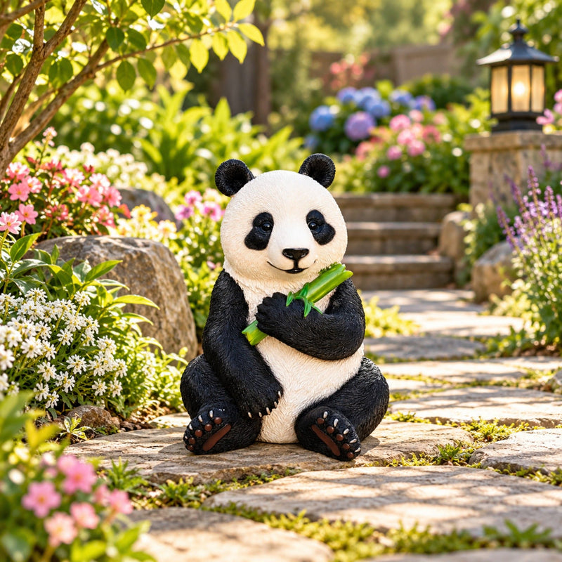 Panda Garden Statue, Sitting Animal Sculpture With Bamboo For Patio - Black White