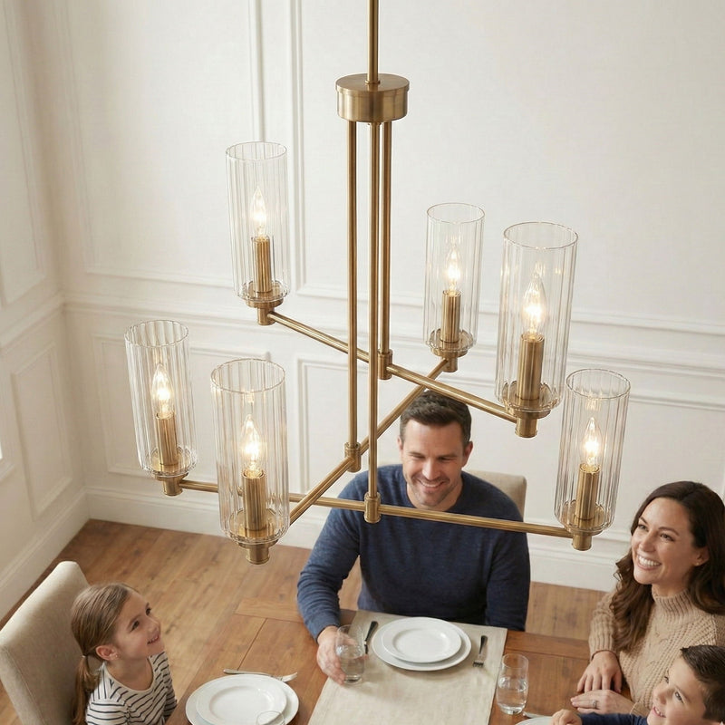 Timeless - 6 Lights Chandelier With Clear Ribbed Satin - Antique Brass / Clear / Gold