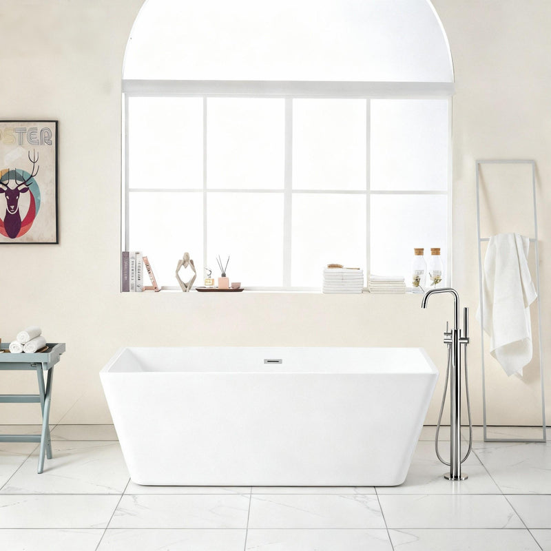 Glossy Freestanding Soaking Tub With Drain, Spacious Stand Alone Bathtub For Bathrooms - Glossy White