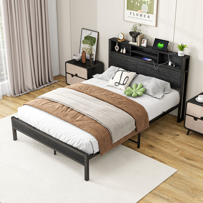 Modern Metal Platform Bed Frame With Storage Headboard And Charging Station