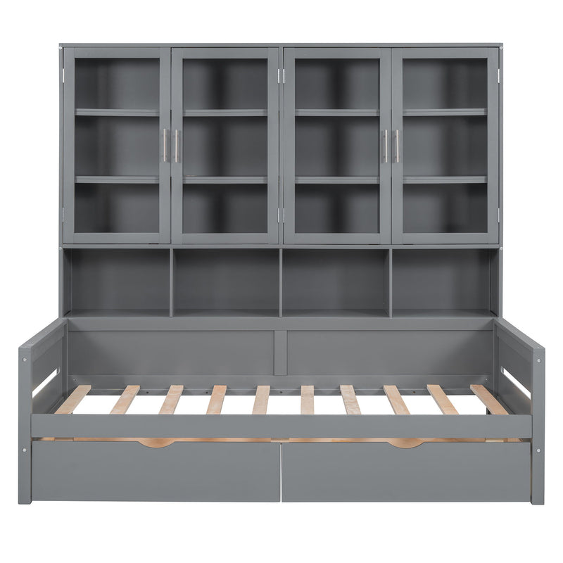 Daybed With Glass Door Storage Cabinets, Built In LED Lighting And Shelves