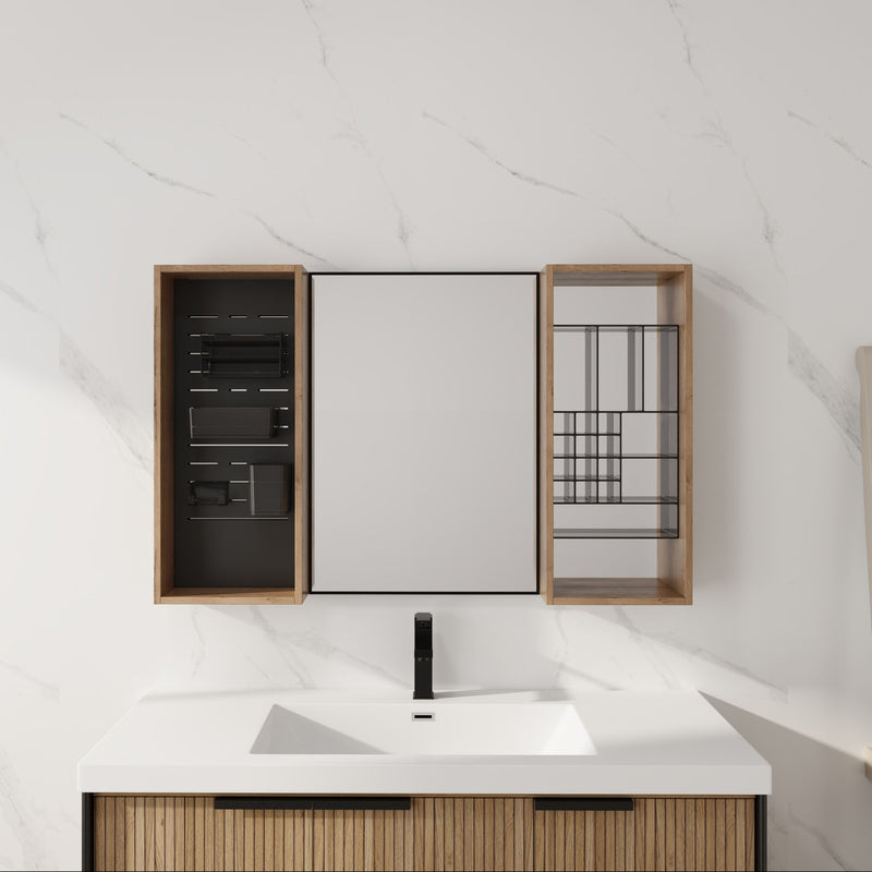 43.5" Mirror Cabinet With Storage, Wall Mounted Medicine Cabinet Frame With Shelves - Imitative Oak