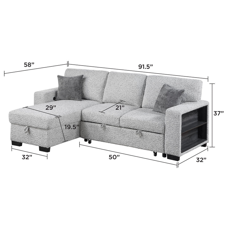 Buzz - Reversible Sleeper Sectional Sofa With Storage Chaise, Console Arm, USB Charging & Cup Holders - Gray