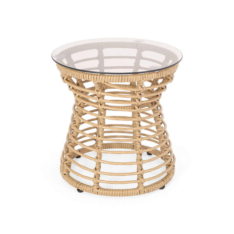 San Pedro - Boho Style Side Table With Tempered Glass Top - Light Brown Rattan