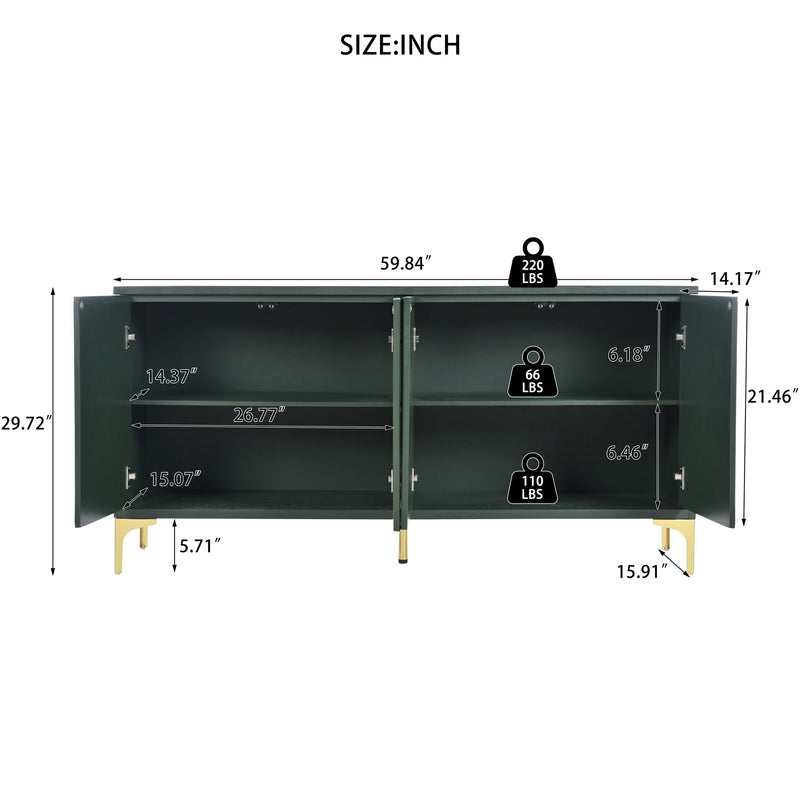 Modern Wood Sideboard Cabinet With Carved Door Panels, Adjustable Shelves, And Sturdy Metal Legs
