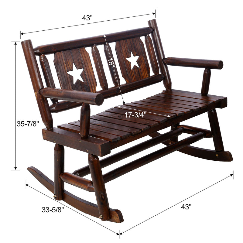 Rustic Outdoor Wood Rocking Bench Double Rocking Chair For 2 Persons With Curved Seat, Porch Rocker - Brown