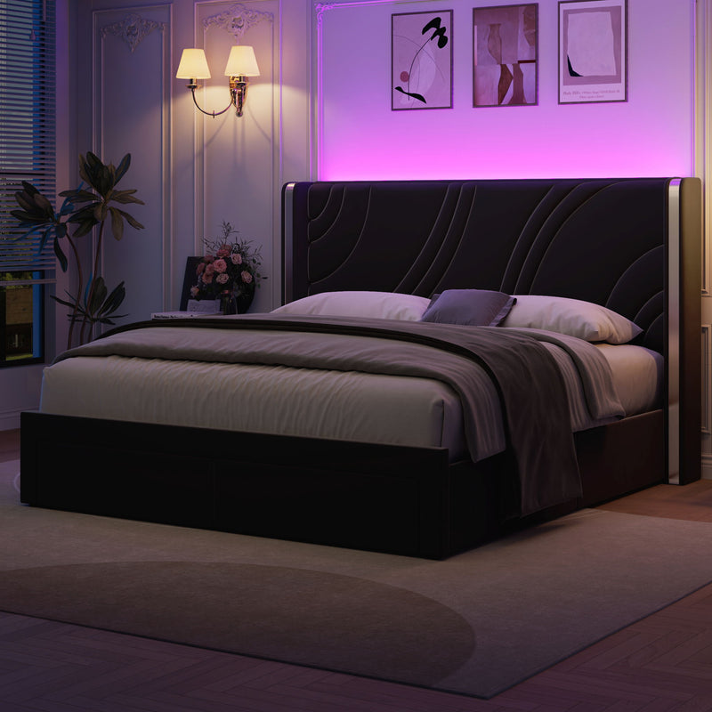 Modern Upholstered LED Bed Frame With Storage Drawers, Wingback Headboard, RGB Light