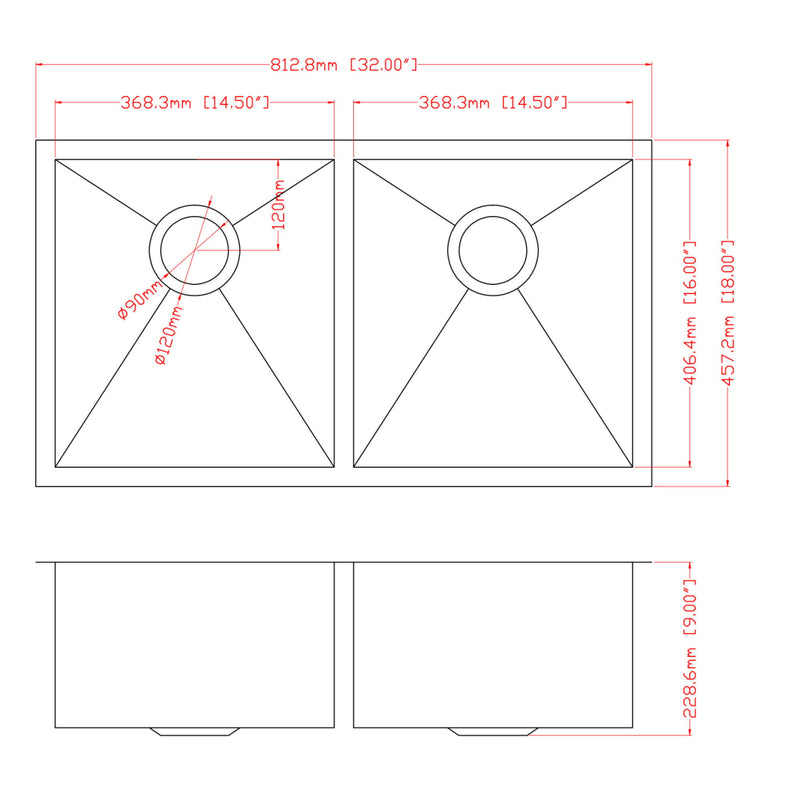 16 Gauge Undermount Double Bowl Kitchen Sink With 9" Deep Bowls - Brushed Nickel