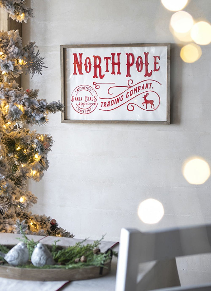 Iron / Wood North Pole Trading Company Wall Sign, For Christmas Holiday Table Wall Decor - White / Red