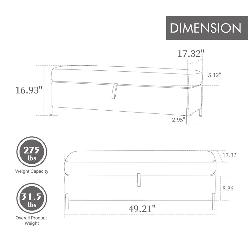 Wide Upholstered Velvet Storage Soft Bench Ottoman With Metal Legs