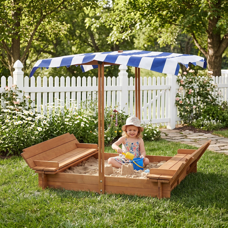 Kids Sandbox With Adjustable Cover, Sand Box With 2 Foldable Bench Seats, Outdoor Sandpit For Backyard Play - Light Brown