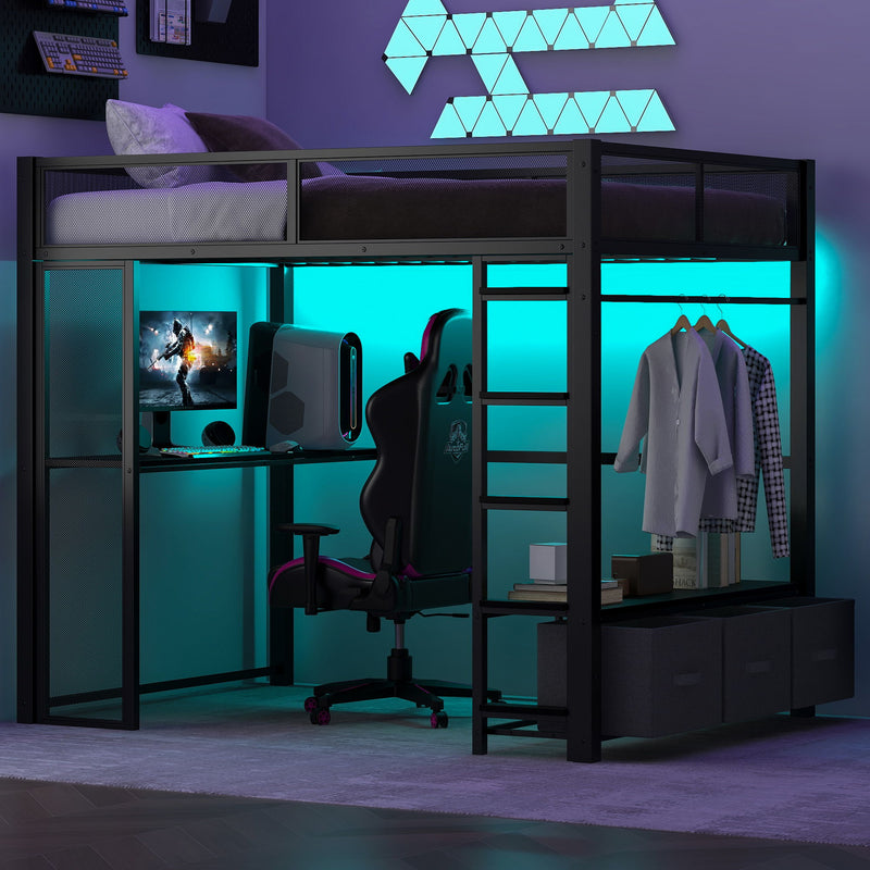 Full Size Gaming Loft Bed With LED Desk, Open Wardrobe, 3 Linen Storage Drawers - Black