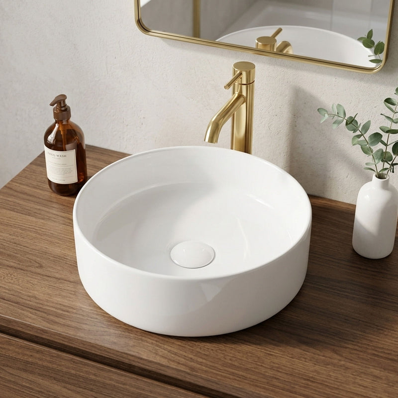 White Round Ceramic Vessel Sink, Sleek Glazed Art Bathroom Sink Bowl, Countertop Vanity Basin