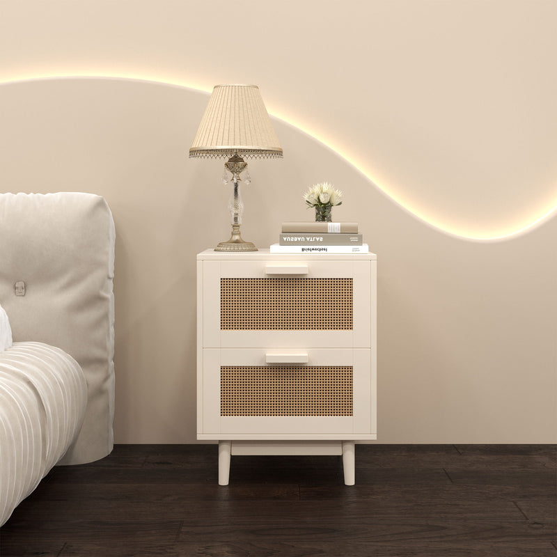 Nightstand With 2 Drawers, Storage Side Table For Bedroom - Antique Natural / Rattan