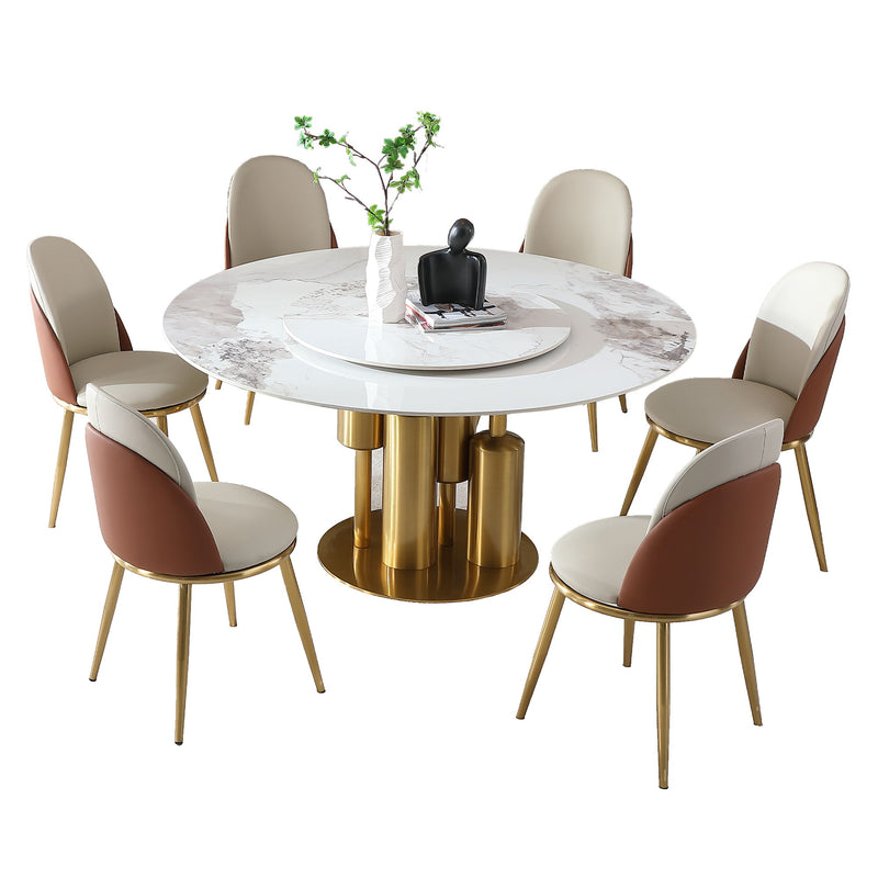 Round Stone Burning Table, Modern Marble Dining Table With Chairs