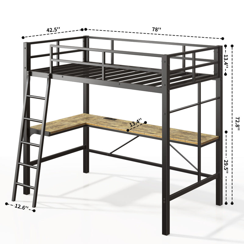 Twin Metal Loft Bed With L - Shaped Desk, Charging Station Loft Bed Frame Twin Size, Safety Guard & Ladder, No Box Spring Needed - Black