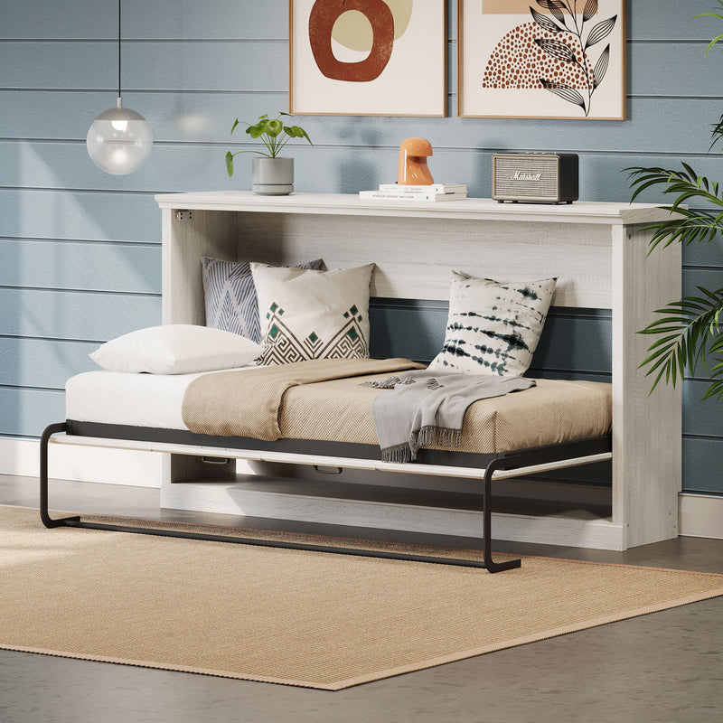 Twin Size Horizontal Murphy Bed, Hideaway Wall Bed, Folding Into Cabinet, Space Saving Furniture For Multipurpose Guest Room, Home Office - Rustic White