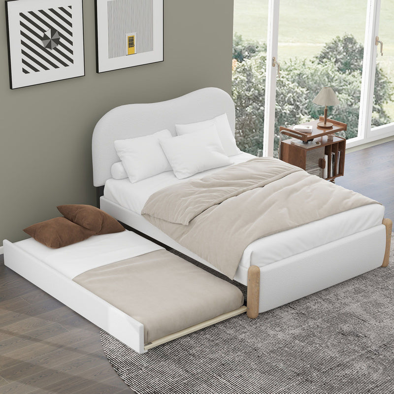 Upholstered Platform Bed With Wood Supporting Feet And Trundle