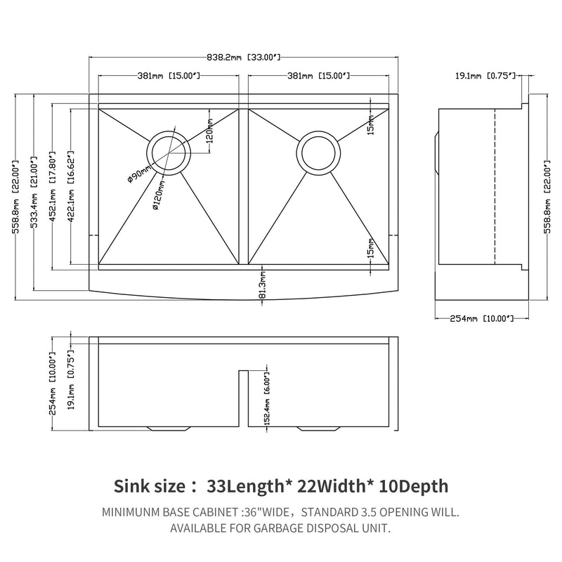 Farmhouse Double Bowl Workstation Kitchen Sink 33" Stainless Steel 16 Gauge Apron Front, Finish - White