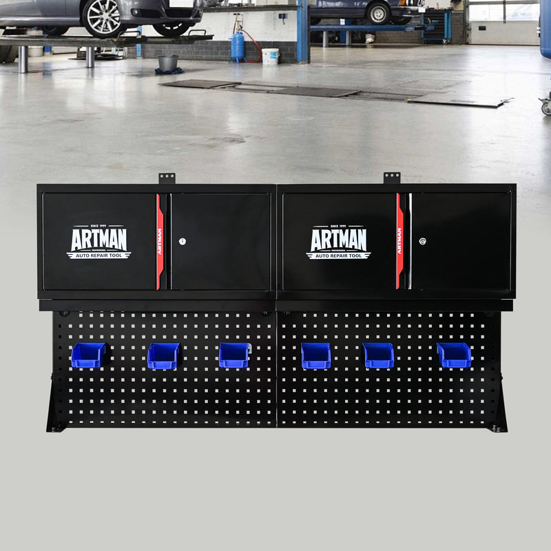 Wall Mounted Double Door Storage Cabinet With Tool Rack And Hooks, Stainless Steel - Black / Red