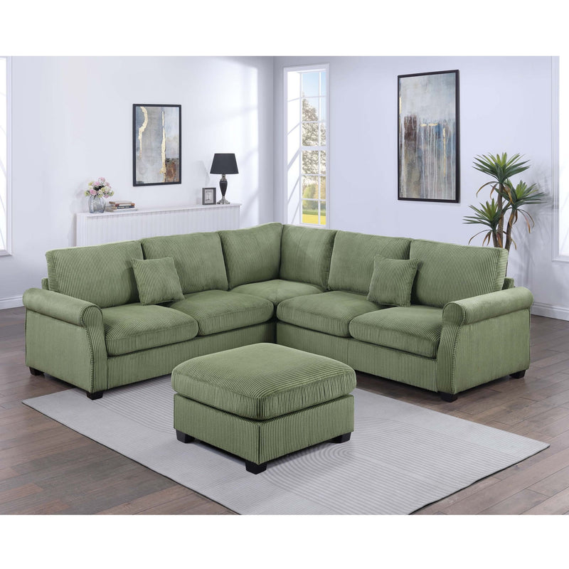 L - Sectional Sofa Set With Corner Wedge And Ottoman, 4 Piece Living Room Furniture - Sage