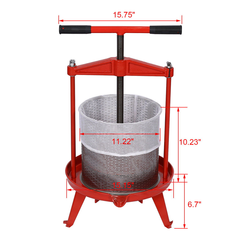 Fruit And Wine Press With T-Shaped Hand Shank, 3.69 Gallon / 14L - Red