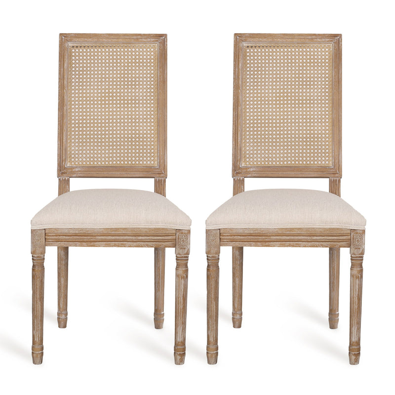 French Country Dining Chair With Rectangular Cane Backrest And Smooth Upholstered Seating