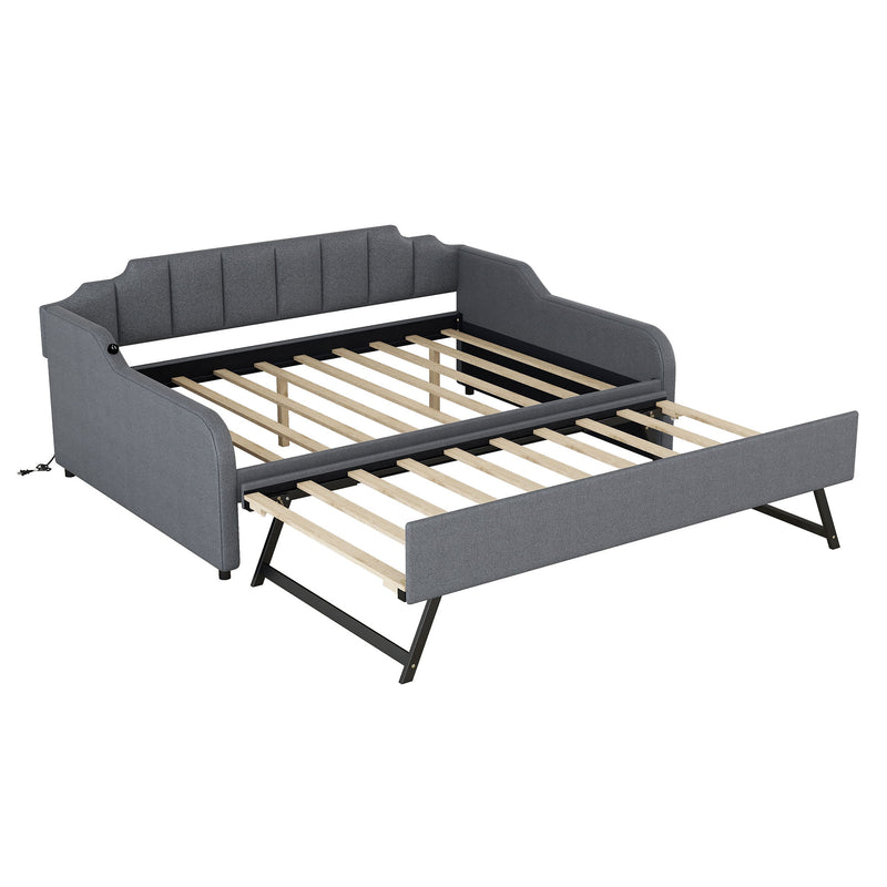 Full Size Upholstered Daybed With Trundle And USB Charging - Gray