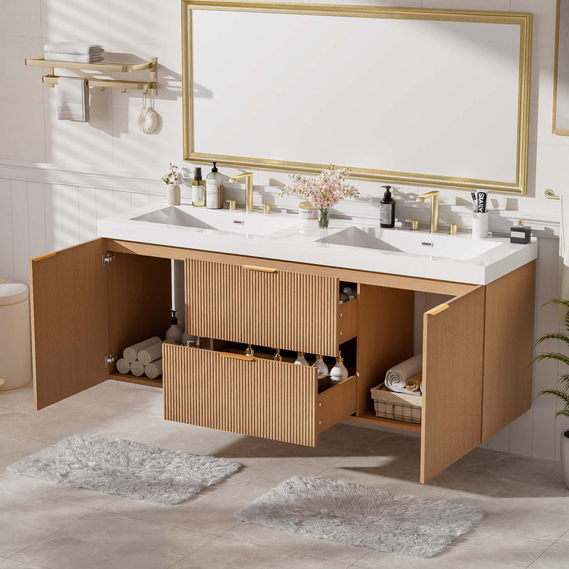 59.3" Double Sink Bathroom Vanity With Smc Resin Top, Painted Cabinet, Soft Close Doors, Wall Mounted - Wood