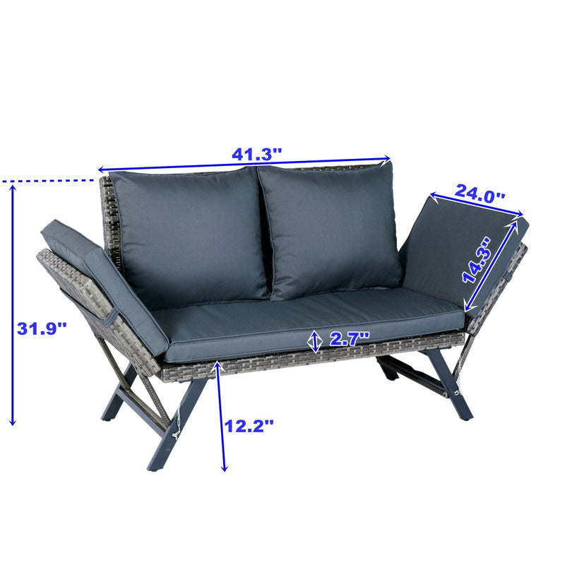 1 Pieces Patio Wicker Side Foldable Bench Patio Backyard Conversation Bench Gray Wicker - Dark Gray