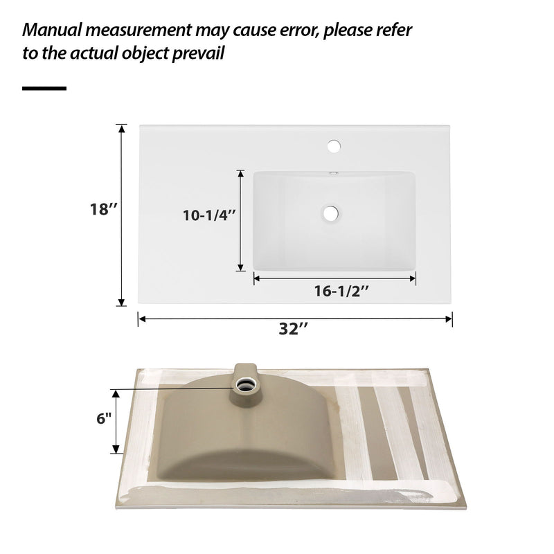 Rectangular Single Vanity Top With 1 Faucet Hole And Overflow, 32" X 18", Spacious Left Countertop For Storage - White
